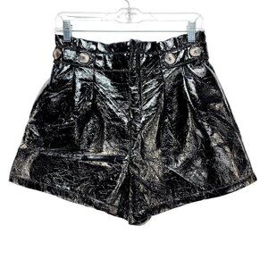 Shiny Black Faux Leather High-Waisted Shorts With Button Details Size L